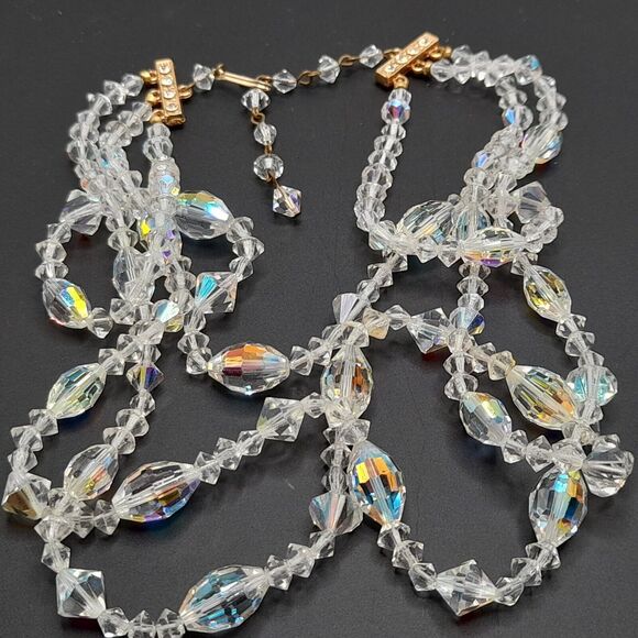 Vintage AB Crystal Bead Necklace, Three Strands, Wedding Necklace, 18" - Picture 11 of 11